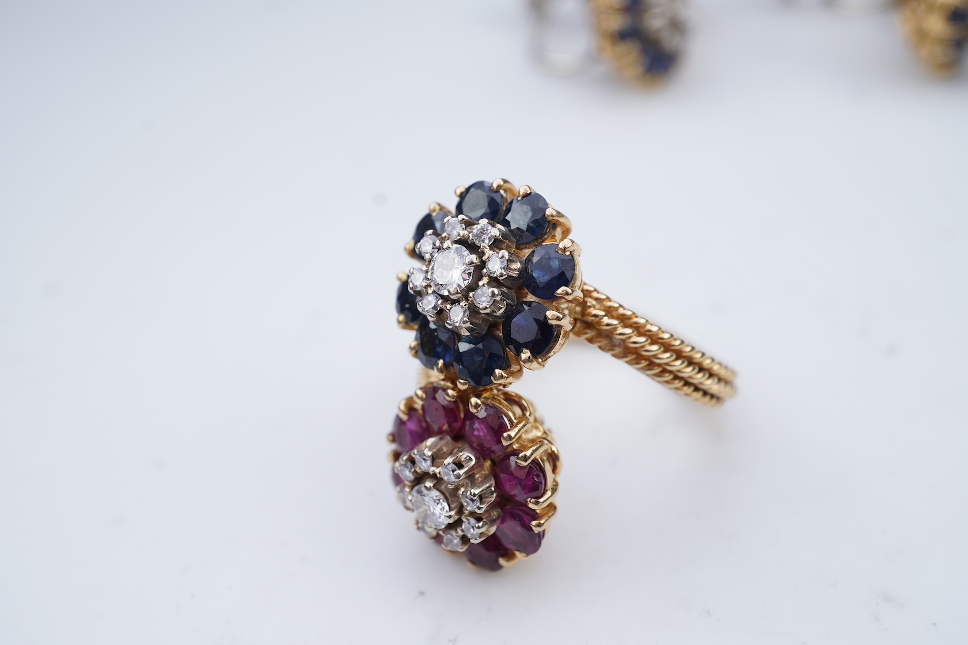 A sapphire, ruby and diamond demi-parure, mid 20th century